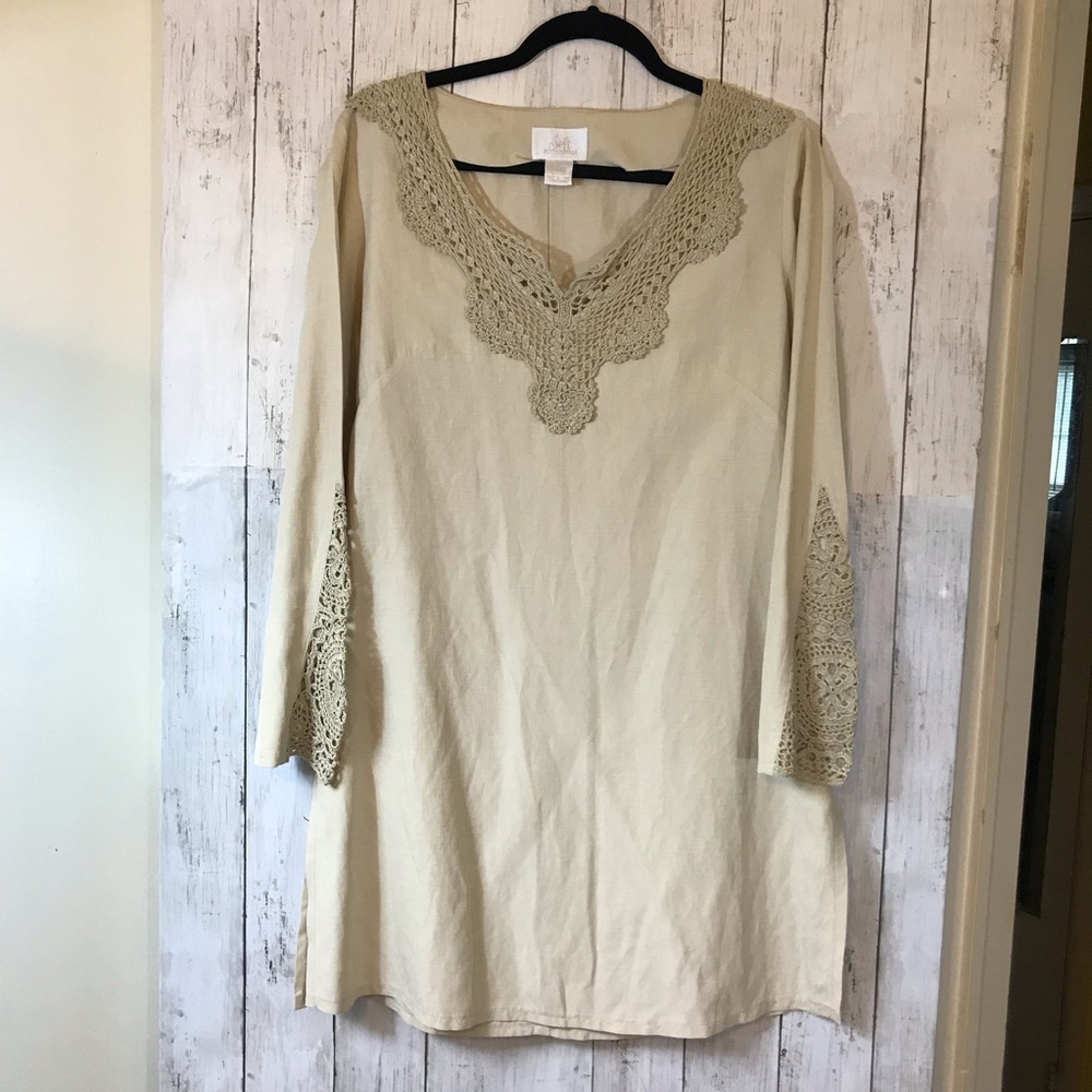 Soft Surroundings Romantic Bone Crochet Lace Bell Sleeve Boho Silk Linen Tunic